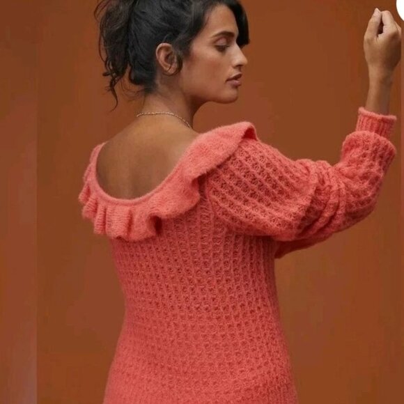 Anthropologie Ruffled Boat Neck Sweater Coral Pink Size Large - Picture 1 of 12